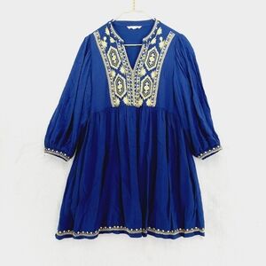 Solitaire Floral Blue Embroidery Bishop Sleeve Tunic Dress P1883